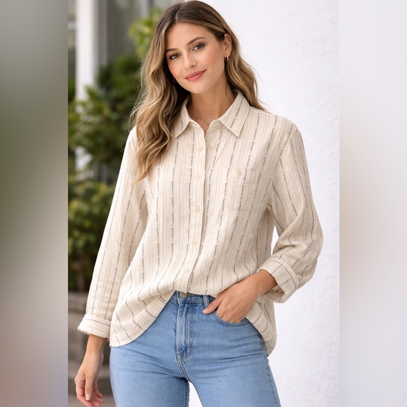 Woolrich Tops - Vtg Woolrich Women’s Cream Burgundy/Red Tan Striped Cotton Button-Up Shirt Sz L